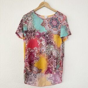 Spense Blouse Medium Multi Color Boho Paisley High Low Chiffon Top